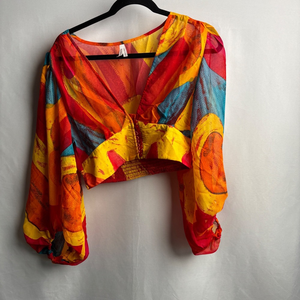 Live‎ 4 Truth Abstract Print Balloon Sleeve Crop Top Orange Yellow Red L Groovy